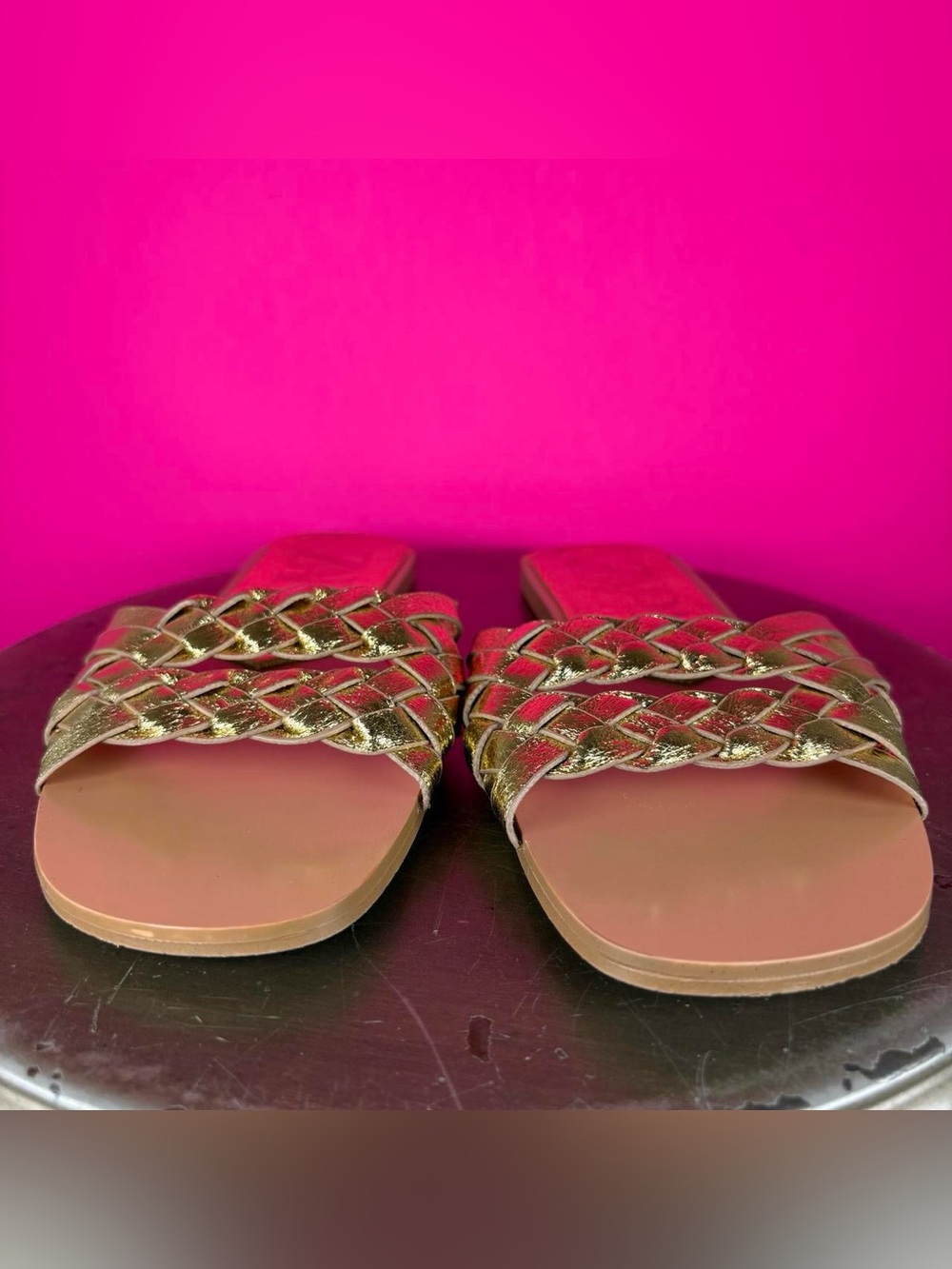 Zara Gold Braided Straps Square Toe Flat Slide Sandal EU 37 - Picture 2 of 8